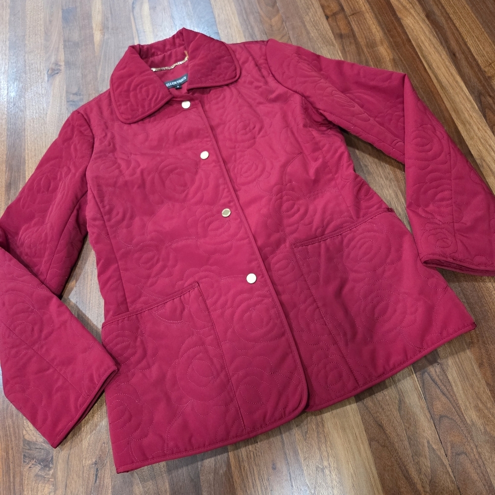 Ellen Tracy Ruby Red Quilted Jacket With Floral S… - image 1